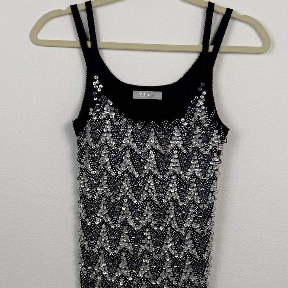Vintage black sequin beaded cami top silver embellished party tank Y2K - Picture 4 of 5